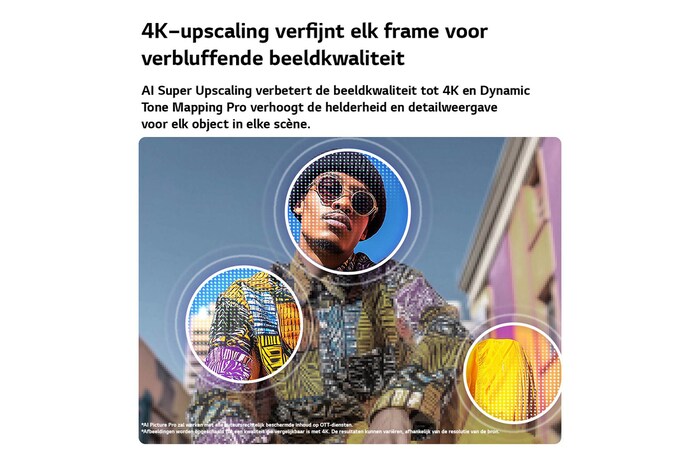 Een LG QNED AI QNED70 Mini LED met 4K Super Opschalen en Dynamic Tone Mapping laat een buitenopname zien van een man tussen kleurrijke gebouwen, terwijl AI de scène herkent en elk beeld opschaalt naar 4K-resolutie.